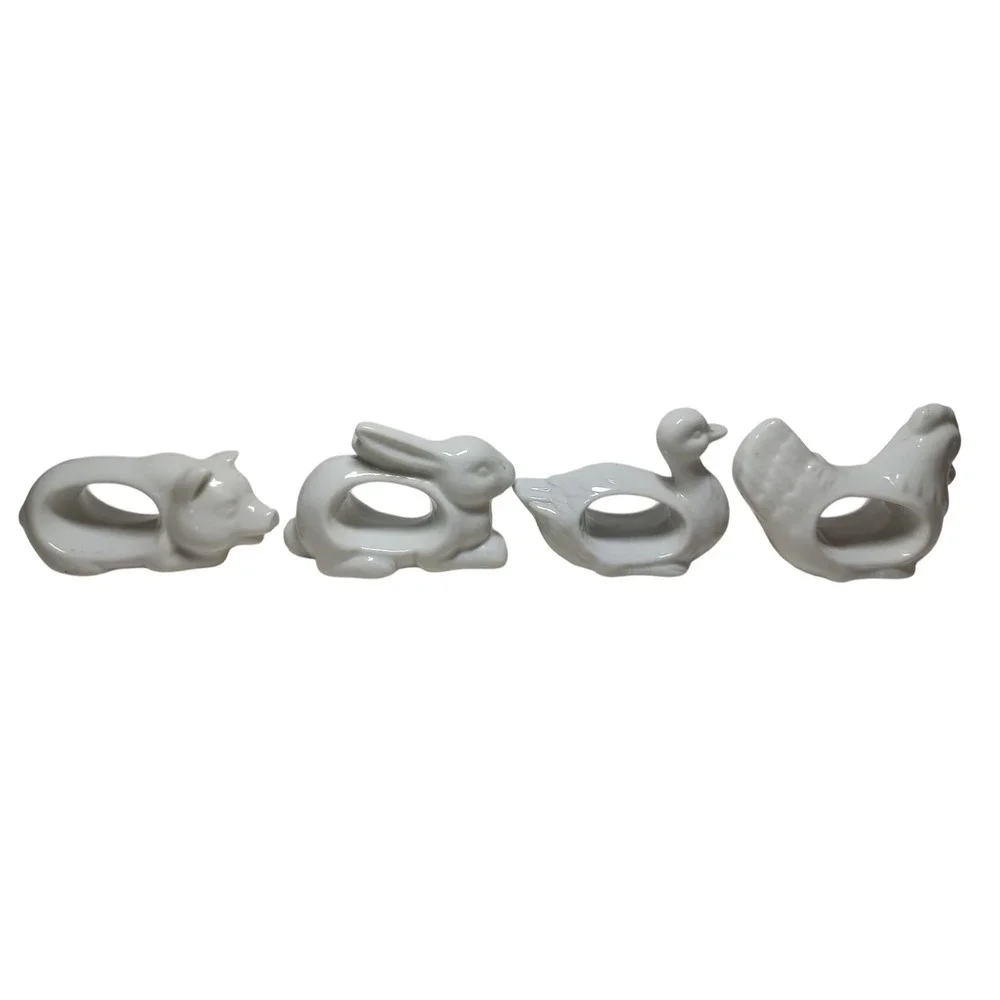 Vintage Animal Napkin Rings‎ White Porcelain Japan Duck Chicken Rabbit Pig Set